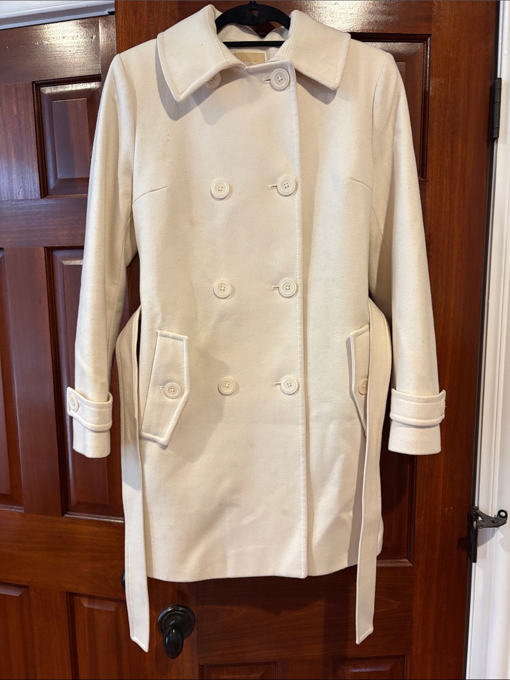 MICHAEL Michael Kors Cream Double-Breasted Wool Pea Coat with Belt